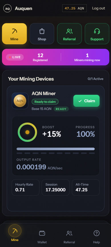 AUQUEN mining dashboard showing the AQN Miner with +15% boost, 100% progress and a Claim button
